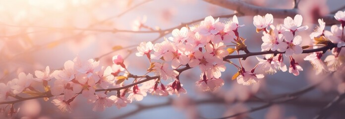 pink flowers blooming on a tree in bright light, - Powered by Adobe