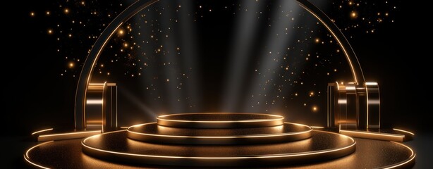 podium lit with golden lights on a black background,