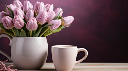Fototapeta na wymiar Cup Coffee Lilac White Tulip Flowers, Background Image, Desktop Wallpaper Backgrounds, HD