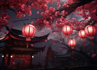 red colored chinese paper hanging on paper lanterns,