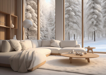 Living room beige, gray minimalist with sofa in winter