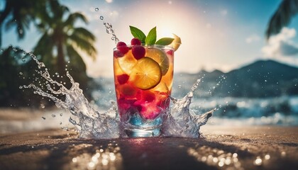 colorful tropical cocktail at the seaside, exploding ingredients, splashing and droplets 

