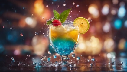colorful tropical cocktail at the seaside, exploding ingredients, splashing and droplets 

