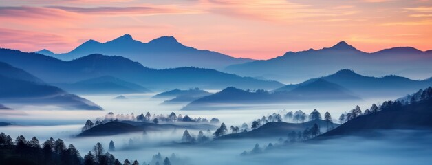 Fototapeta na wymiar sunrise over the foggy mountains,
