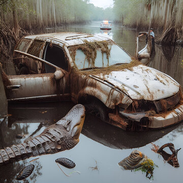 wrecked car in swamp