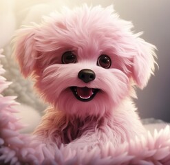 the little fuzzy pink dog is smiling up at you