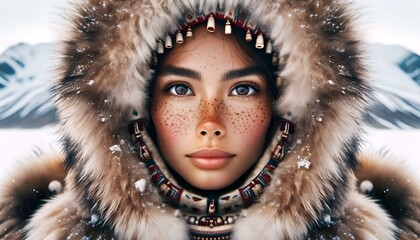 AI generated illustration of a woman wearing an insulated winter coat with a fur-lined hood - obrazy, fototapety, plakaty