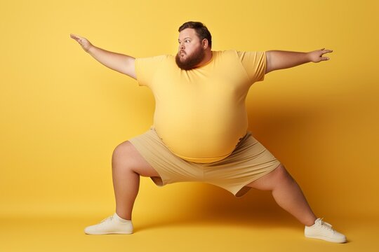 overweight man doing yoga in yellow sportswear