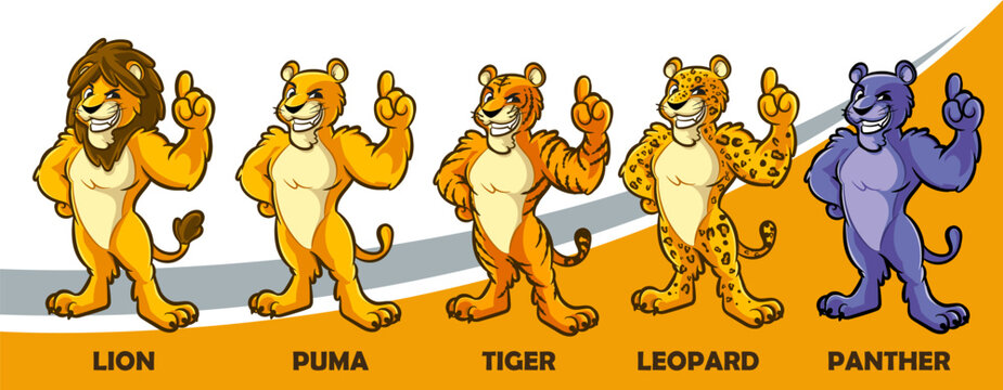 lions tiger puma leopard panther cartoon mascot set with good hand and pointing finger