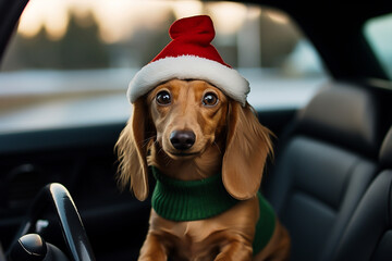 cute dachshund dog in a Santa hat is sitting in a car