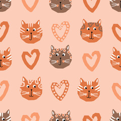 Funny cartoon seamless pattern with cat heads and hearts.Animal background with cute characters.Hand drawn print on fabric and paper.Vector artwork with pets for cover,template,brochure.
