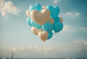 Fototapeta na wymiar Baby blue and light beige heart balloon in the air for party and celebration