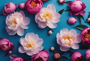 Fototapeta na wymiar Beautiful soft pink flowers peonies floating on a blue background Top view flat lay