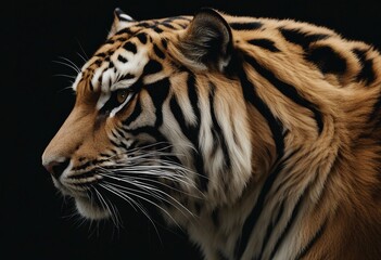 Obraz premium Head profile closeup of striped tiger isolated on black background