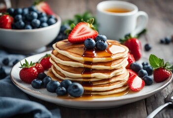 Homemade american pancakes with fresh blueberry strawberries and honey Healthy morning breakfast Healthy lifestyle concept
