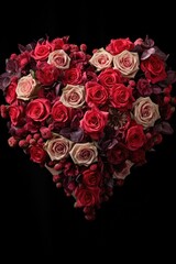 valentines day heart made of ping roses isolated on dark background 