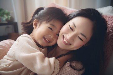 asian girl hugging her mother affectionately