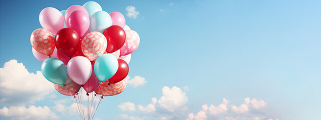 Banner A bunch of multicolored balloons with helium on a blue sky background with place for text