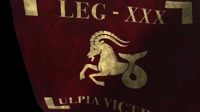 The Roman Legion Vexillum - LEG XXX ULPIA VICTRIX - Red flag animation on a black background