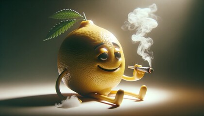 Lemon character relaxing with a pipe and smoke swirls