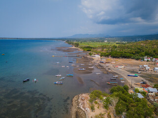 Aerial view of coastline in Lombok Island, West Nusa Tenggara, Indonesia. Beach resort island in east from Bali island