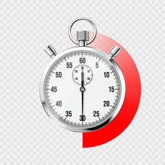 Realistic classic stopwatch. Shiny metal chronometer, time counter with dial. Red countdown timer showing minutes and seconds. Time measurement for sport, start and finish. Vector illustration