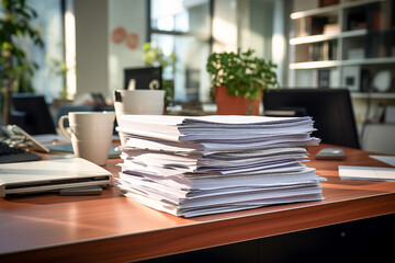 large stack of papers on the desktop in the office