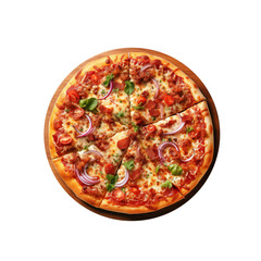 Italian pizza on wooden pizza board isolated on transparent background, flat lay, top view shot. PNG file.