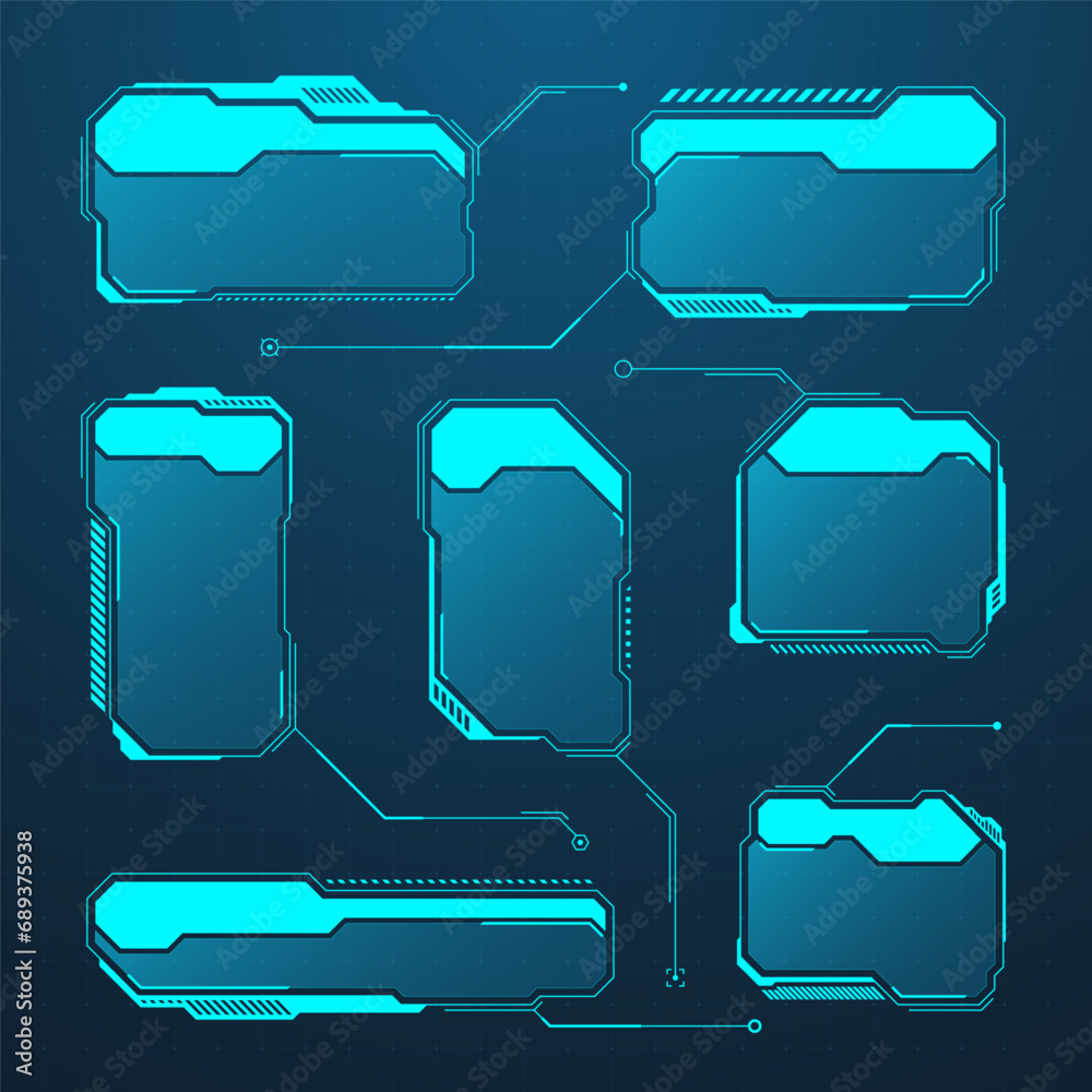 Poster Blue futuristic HUD or UI elements. Sci-fi user interface text boxes, callouts. Warning message frames, information boxes template. Modern game interface layout in digital style. Vector illustration