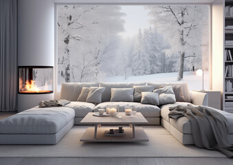 Living room beige, gray minimalist with sofa in winter with fireplace