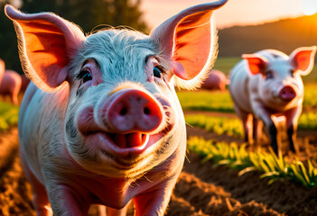 Portrait of a young pig in a field at sunset