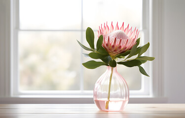 protea flower in glass vase on white wooden table