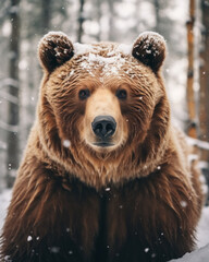 Portrait brown huge bear stands in winter snowy forest and looks in camera