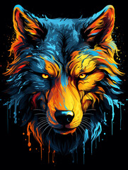 yellow and orange head of wolf drawn in an abstract style, in the style of hyper-realistic animal illustrations created with Generative Ai