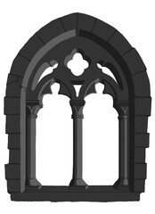 Gothic window plate tracery stylized drawing. Architectural stone engraving; european medieval cathedral/church frame illustration