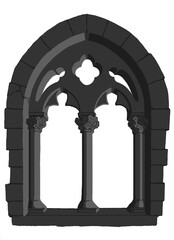 Gothic window plate tracery stylized drawing. Architectural stone engraving; european medieval cathedral/church frame illustration