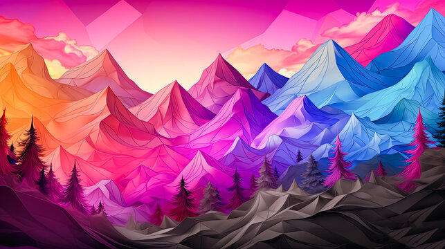 Illuminated peaks Vibrant mountain illustration captivates with bright hues, delivering a stunning visual journey. Perfect for dynamic stock imagery.