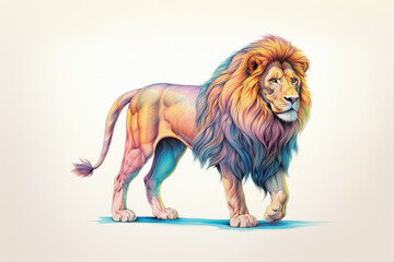 Abstract watercolor illustration of majestic adult colorful full body lion with huge fluffy mane isolated on pure white background