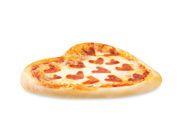 Pepperoni pizza in the shape of a heart for Valentine's Day holiday on a white isolated background