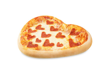 Pepperoni pizza in the shape of a heart for Valentine's Day holiday on a white isolated background