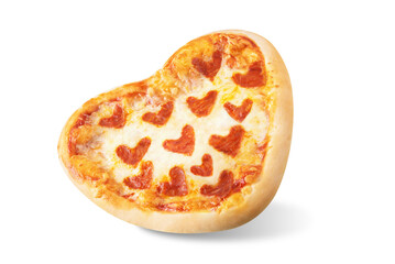 Pepperoni pizza in the shape of a heart for Valentine's Day holiday on a white isolated background