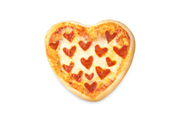 Pepperoni pizza in the shape of a heart for Valentine's Day holiday on a white isolated background