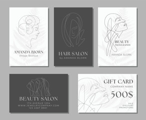 Woman Face Card Templates, Set of Line Art Illustrations. Female head Minimalist line design with abstract expressive lines