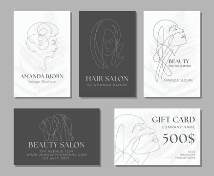 Woman Face Card Templates, Set of Line Art Illustrations. Female head Minimalist line design with abstract expressive lines - Powered by Adobe