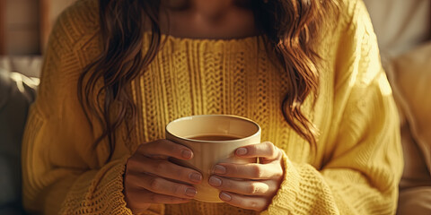 mujer sosteniendo una taza de café entre sus manos, sobre fondo de salón desenfocado - obrazy, fototapety, plakaty