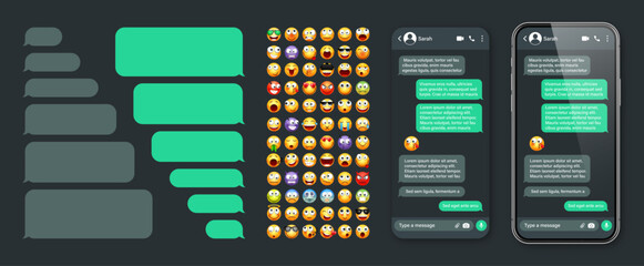 Smartphone messaging app, user interface with emoji. SMS text frame. Chat screen, green message bubbles. Texting app for communication. Social media application. Dark mode. Vector illustration - obrazy, fototapety, plakaty