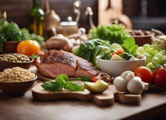 flexitarian mediterranean diet, keto, ketogenic on a wooden kitchen table

