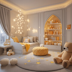 interior of a room with a bed children's room modern minimalist in winter with snow and fairy lights