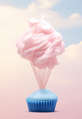 Blue cupcake with ice cream parachute.Minimal creative food concept