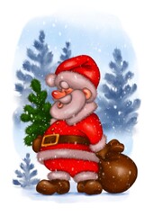 Santa Claus with a Christmas tree in a winter forest